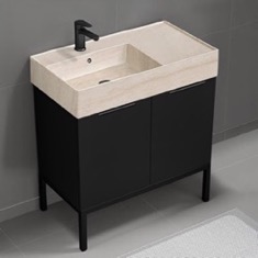 Modern Black Bathroom Vanity, 32 inch, Travertine Style Sink, Free Standing